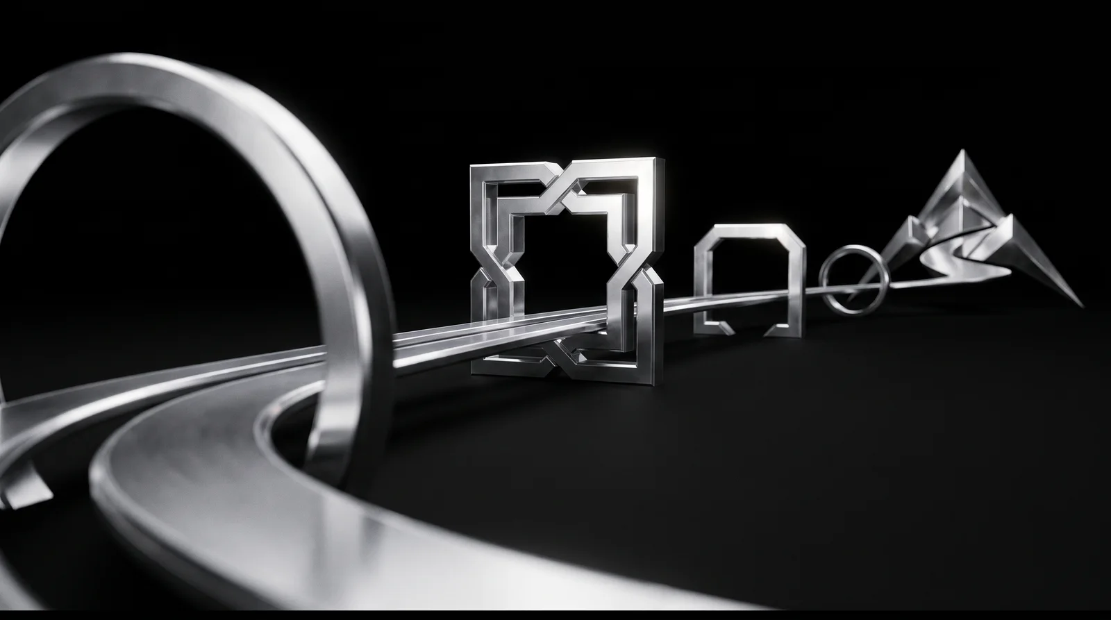 A chrome path rising through a dark architectural landscape